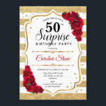 Überraschung 50. Geburtstag - Gold White Red Einladung<br><div class="desc">Überraschung 50. Geburtstag Einladung. Weiblich,  rotes Design mit Imitaten Glitzer Gold. Enthält weiße Streifen,  rote Rosen,  Skript-Schriftart und Konfetti. Ideal für eine elegante Geburtstagsfeier. Kann personalisiert sein,  jedes Alter zu zeigen. Nachricht,  wenn Sie weitere Anpassungen benötigen.</div>