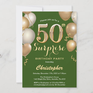 Überraschung 50. Geburtstag Grün und Gold Ballons Einladung