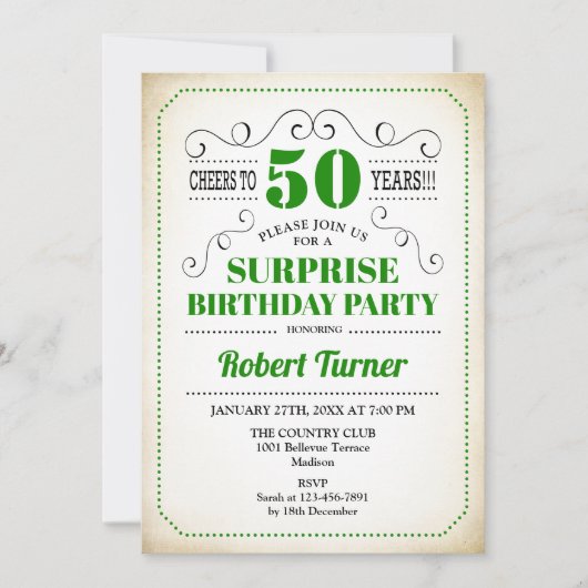 Überraschung 50. Geburtstag - Grün Weiß Schwarz Einladung (Vorderseite)