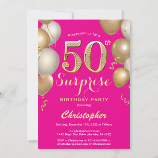 Überraschung 50. Geburtstag Hot Pink und Gold Ball Einladung