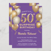 Überraschung 50. Geburtstag Lila und Gold Ballons Einladung (Vorne/Hinten)