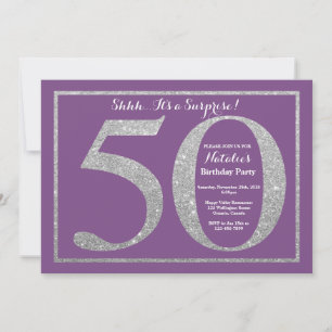 Überraschung 50. Geburtstag Lila und Silber Glitte Einladung