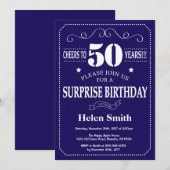 Überraschung 50. Geburtstag Navy Blau und Weiß Einladung (Vorne/Hinten)