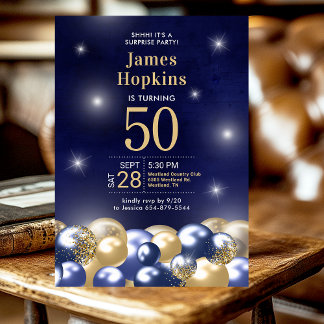 Überraschung 50. Geburtstag Navy Blue Gold Balloon Einladung