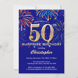 Überraschung 50. Geburtstag Navy Blue & Gold Firew Einladung