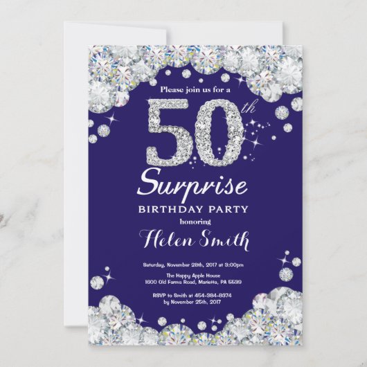Überraschung 50. Geburtstag Navy Blue Silver Diamo Einladung (Vorderseite)