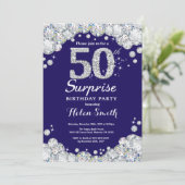 Überraschung 50. Geburtstag Navy Blue Silver Diamo Einladung (Stehend Vorderseite)