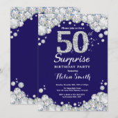 Überraschung 50. Geburtstag Navy Blue Silver Diamo Einladung (Vorne/Hinten)