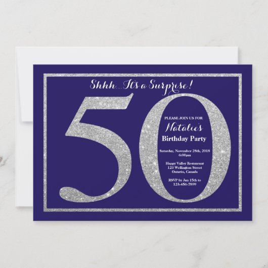 Überraschung 50. Geburtstag Navy Blue Silver Glitz Einladung (Vorderseite)