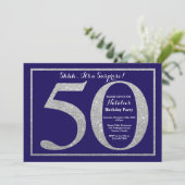 Überraschung 50. Geburtstag Navy Blue Silver Glitz Einladung (Stehend Vorderseite)