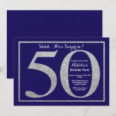 Überraschung 50. Geburtstag Navy Blue Silver Glitz Einladung (Vorne/Hinten)