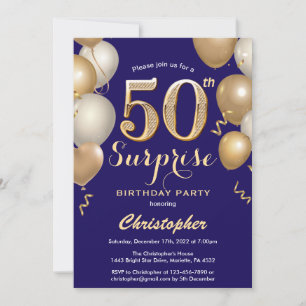Überraschung 50. Geburtstag Navy Blue und Gold Bal Einladung