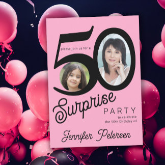 Überraschung 50. Geburtstag rosa schwarzes Foto Einladung