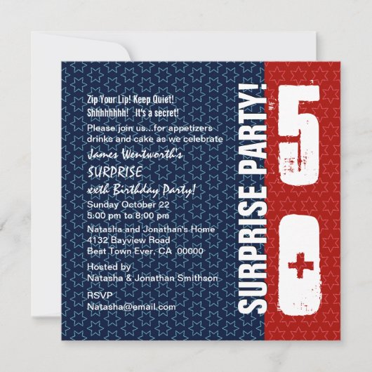 ÜBERRASCHUNG 50. Geburtstag Rote Blaue Sterne Einladung (Vorderseite)