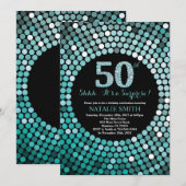 Überraschung 50. Geburtstag Schwarz und Aquamarine Einladung (Vorne/Hinten)