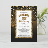 Überraschung 50. Geburtstag Schwarz und Gold Einladung (Stehend Vorderseite)