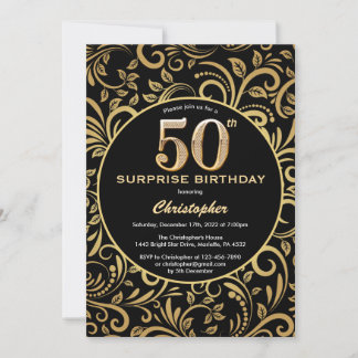 Überraschung 50. Geburtstag Schwarz und Gold Flora Einladung