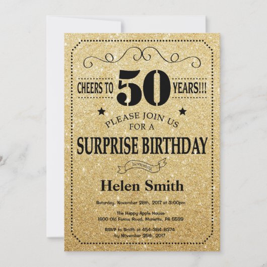 Überraschung 50. Geburtstag Schwarz und Gold Glitz Einladung (Vorderseite)