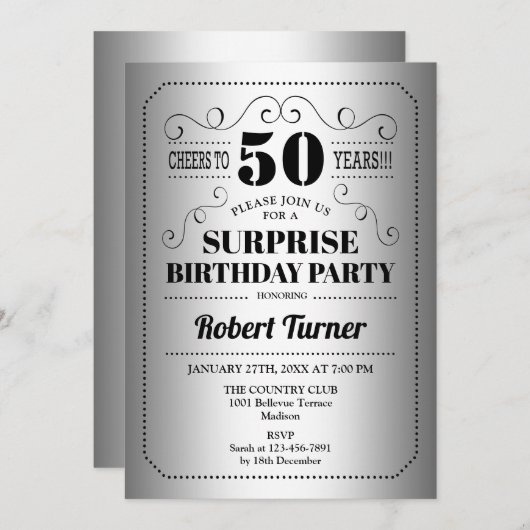 Überraschung 50. Geburtstag - Silberschwarz Einladung (Vorne/Hinten)