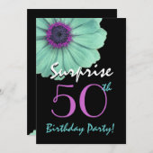 Überraschung 50. Geburtstag Türkis und Lila Daisy Einladung (Vorne/Hinten)