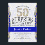 Überraschung 50. Geburtstag - White Gold Royal Blu Einladung<br><div class="desc">Überraschung 50. Geburtstagsparty Einladung. Elegantes Design in Imitaten Glitzer Gold,  weiß und königsblau.</div>