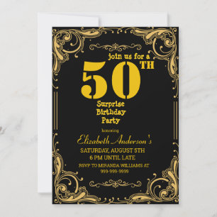 Überraschung 50. Geburtstagsparty Black & Gold Einladung