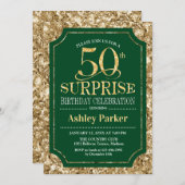 Überraschung 50. Geburtstagsparty - Gold Green Einladung (Vorne/Hinten)
