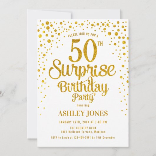 Überraschung 50. Geburtstagsparty - Gold & White Einladung (Vorderseite)