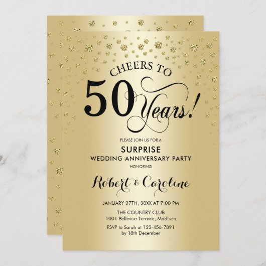 Überraschung 50 Jahre Jubiläumsfeier - Gold Black Einladung (Vorne/Hinten)