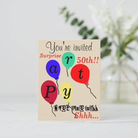 Überraschung 50. über den Berg-Balloons Einladung (Stehend Vorderseite)