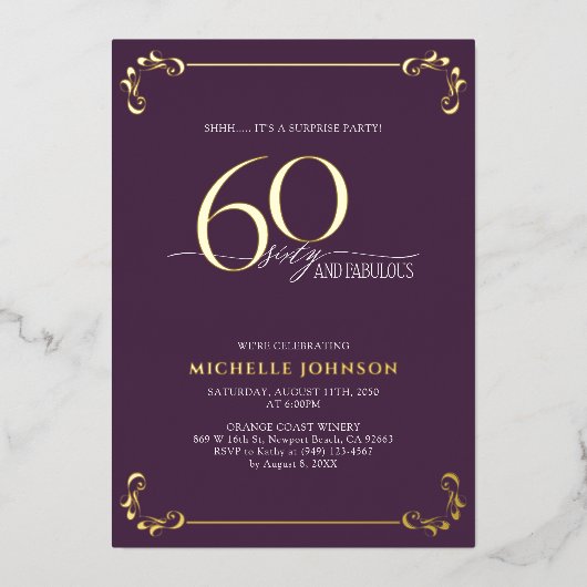 Überraschung 60 & fabelhafte Lila & Gold Geburtsta Folieneinladung (Vorderseite)