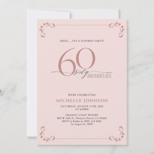 Überraschung 60 & Fabulous Blush Pink & Black Gebu Einladung (Vorderseite)