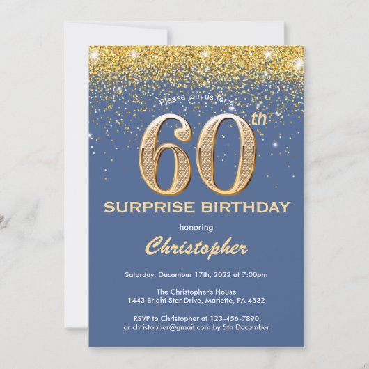 Überraschung 60. Geburtstag Blau und Gold Glitzer Einladung (Vorderseite)