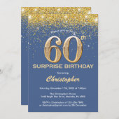 Überraschung 60. Geburtstag Blau und Gold Glitzer Einladung (Vorne/Hinten)