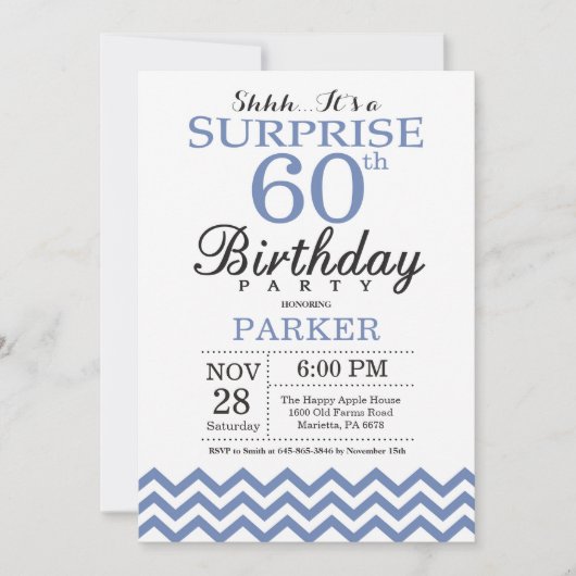 Überraschung 60. Geburtstag Blau Zickzack Einladung (Vorderseite)