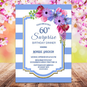 Überraschung 60. Geburtstag Blue Striping Floral D Einladung