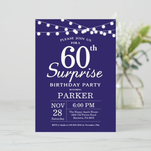Überraschung 60. Geburtstag Einladung Navy Blue (Stehend Vorderseite)