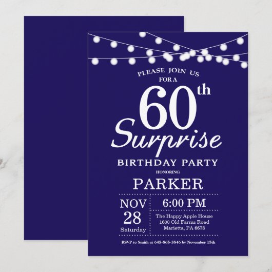 Überraschung 60. Geburtstag Einladung Navy Blue (Vorne/Hinten)