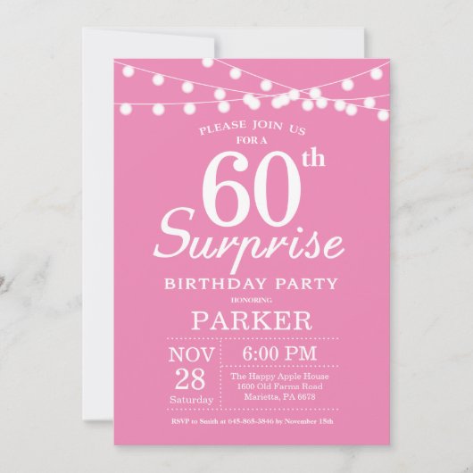 Überraschung 60. Geburtstag Einladung Pink (Vorderseite)
