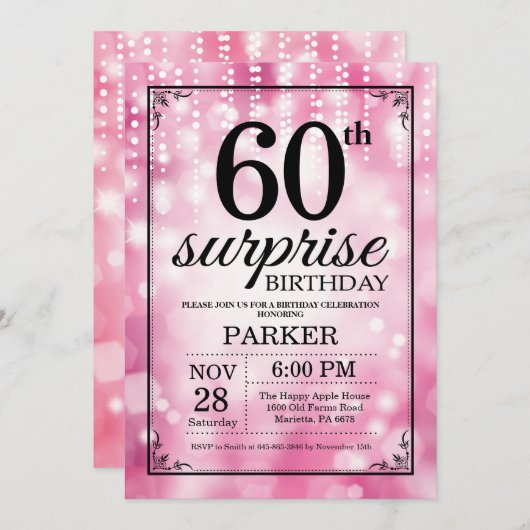Überraschung 60. Geburtstag Einladung Pink Glitzer (Vorne/Hinten)