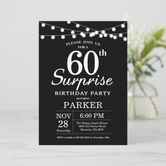 Überraschung 60. Geburtstag Einladung Schwarz und (Stehend Vorderseite)