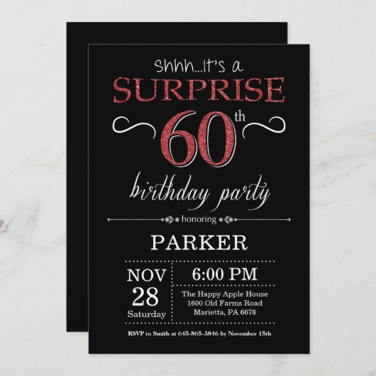 Überraschung 60. Geburtstag Einladung Schwarz und  (Vorne/Hinten)