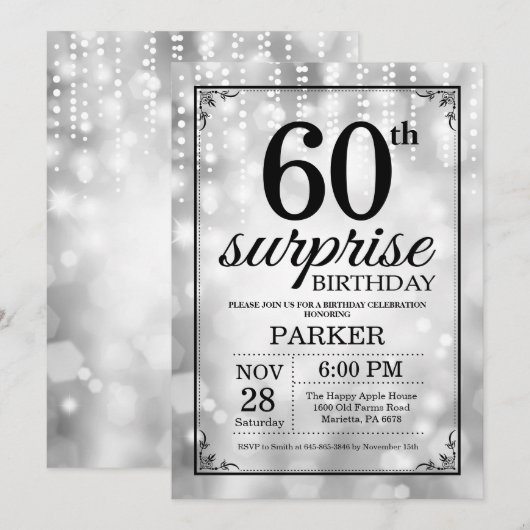 Überraschung 60. Geburtstag Einladung Silberner Gl (Vorne/Hinten)