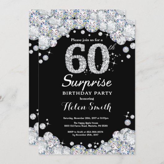Überraschung 60. Geburtstag Einladung Silver Diamo (Vorne/Hinten)