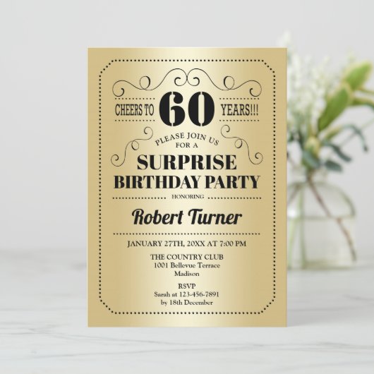Überraschung 60. Geburtstag - Gold Black Einladung (Stehend Vorderseite)