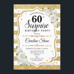 Überraschung 60. Geburtstag - Gold White Einladung<br><div class="desc">Überraschung 60. Geburtstag Einladung. Weibliches Design mit Imitaten Glitzer Gold. Features Streifen,  weiße Rosen,  Skript-Schriftart und Konfetti. Ideal für eine elegante Geburtstagsfeier. Kann personalisiert sein,  jedes Alter zu zeigen. Nachricht,  wenn Sie weitere Anpassungen benötigen.</div>