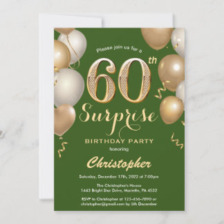 Überraschung 60. Geburtstag Grün und Gold Ballons Einladung