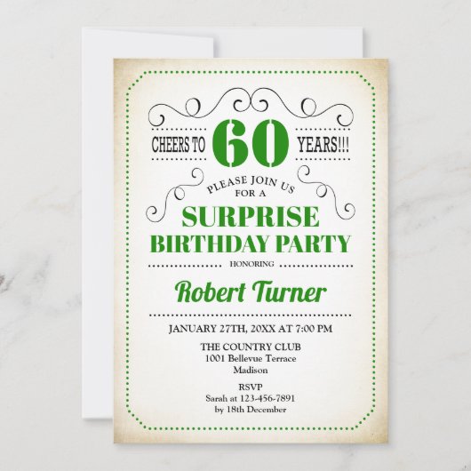 Überraschung 60. Geburtstag - Grün Weiß Schwarz Einladung (Vorderseite)