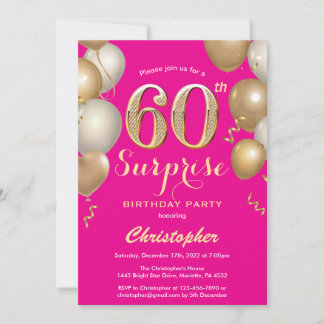 Überraschung 60. Geburtstag Hot Pink und Gold Ball Einladung