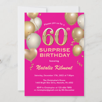 Überraschung 60. Geburtstag Hot Pink und Gold Ball Einladung